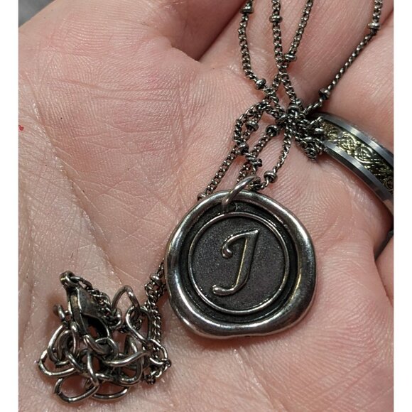 Rustic Letter J Wax Seal Style Silver Tone Pendant Necklace - Picture 3 of 5